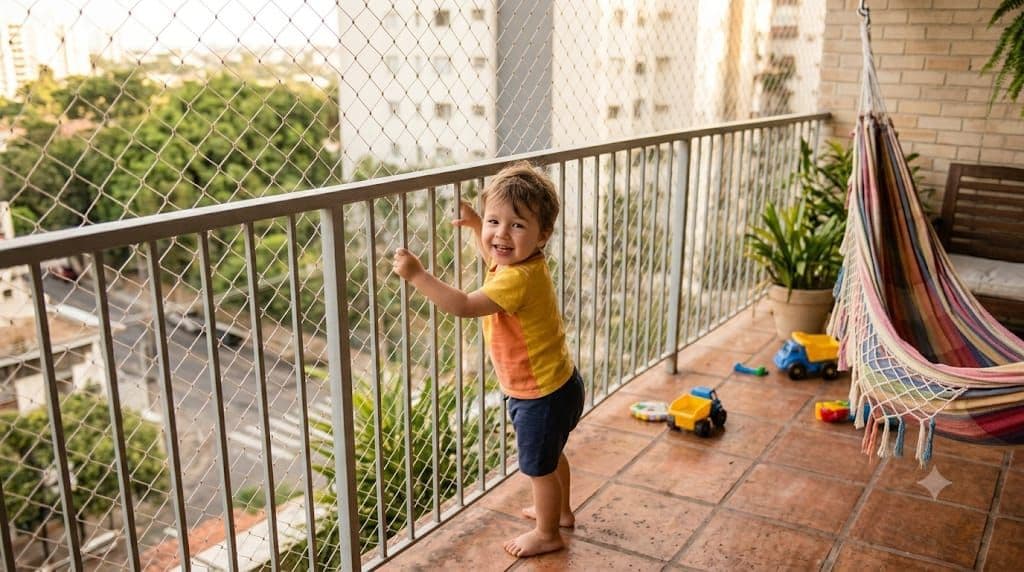 Niño sonriendo en un balcón protegido con una red de seguridad