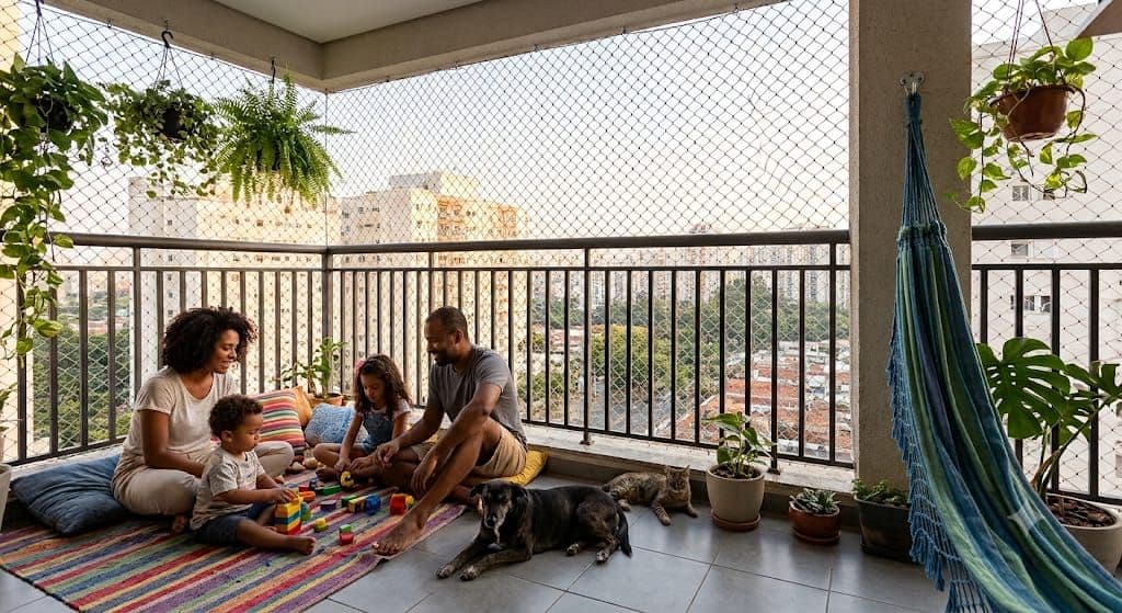 Familia con dos niños y un perro jugando tranquilos en una terraza protegida con red de seguridad